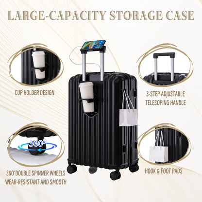 20" / 24" / 28" 3 Pieces / Set Spinner Wheel Luggage, Carry On Suitcase, With Cup Holder & USB Port & Phone Holder