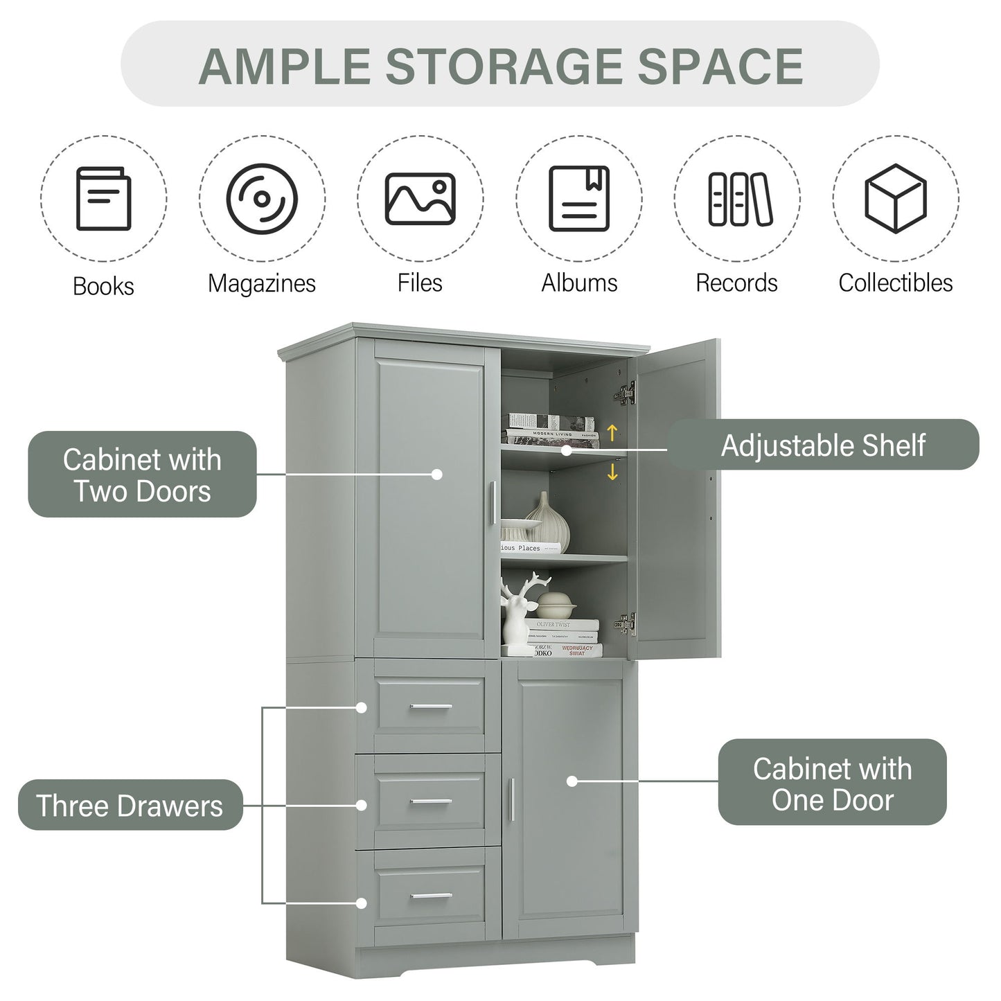 Tall And Wide Storage Cabinet With Doors For Bathroom Or Office, 3 Drawers - Gray