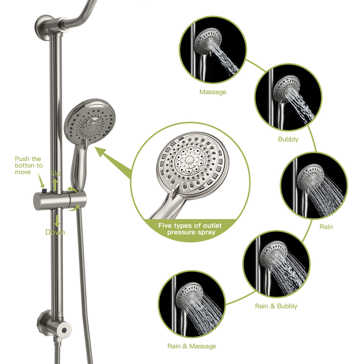 Shower System With 5 Function Rain Hand Shower And Slide Bar Combo