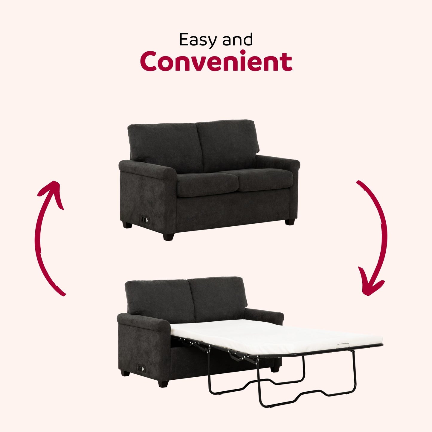 Convertible Twin Sleeper Sofa With USB Ports, 2 Seater Upholstered Loveseat - Dark Gray