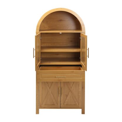 Arched Kitchen Pantry Cabinet With Adjustable Shelves And Barn Door Design