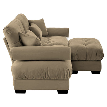Modern Sectional Sofa With Ottoman, Round Bolster Armrests, Waist And Throw Pillows
