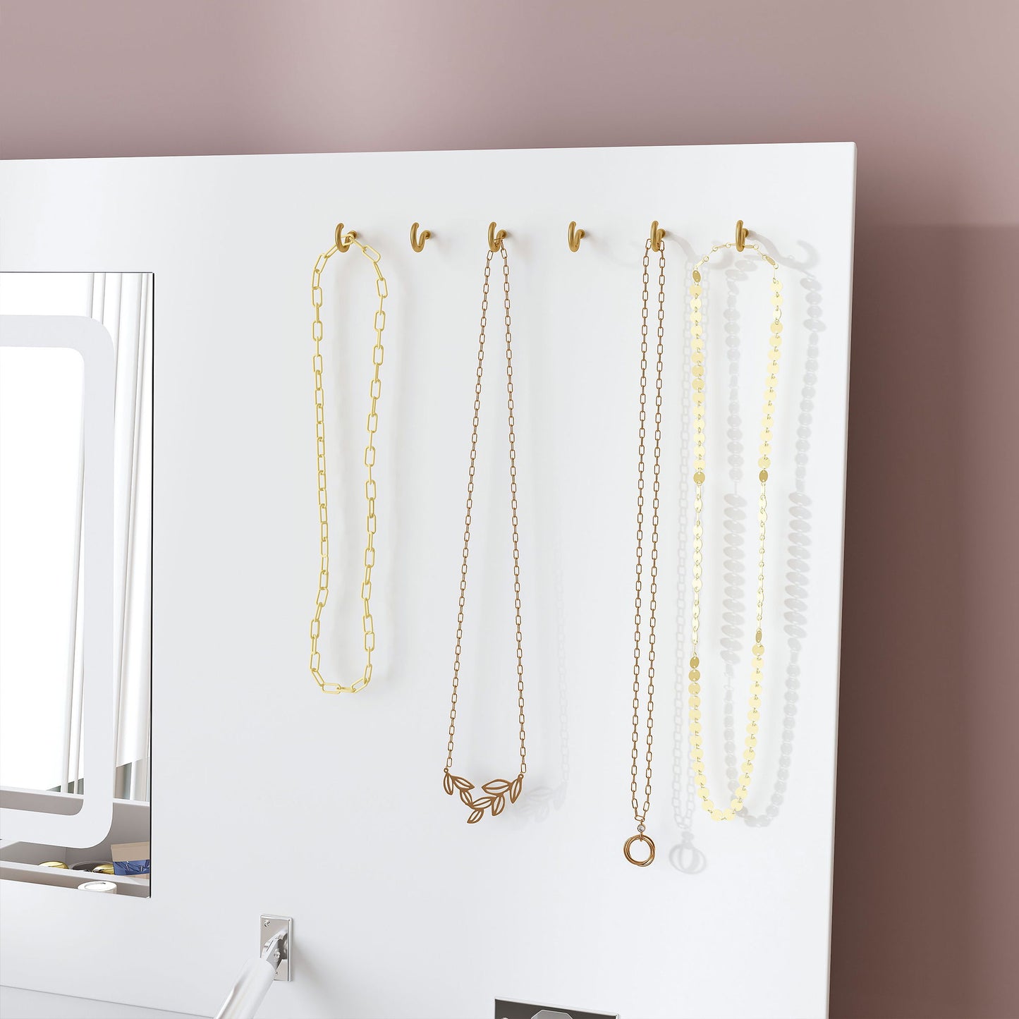 Flip Top Vanity Desk With LED Mirror & Outlet Makeup Table With 2 Drawers, Open Storage, And Jewelry Hooks - White