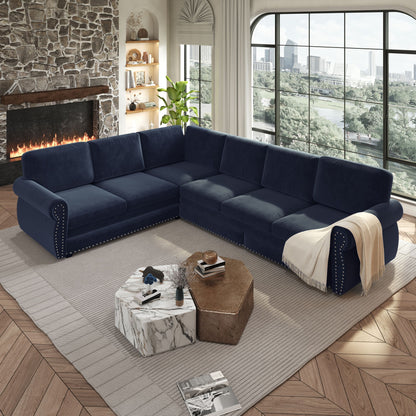 L-Shaped Sofa Couch With Pull Out Bed With Nailhead Trim & Rolled Arm