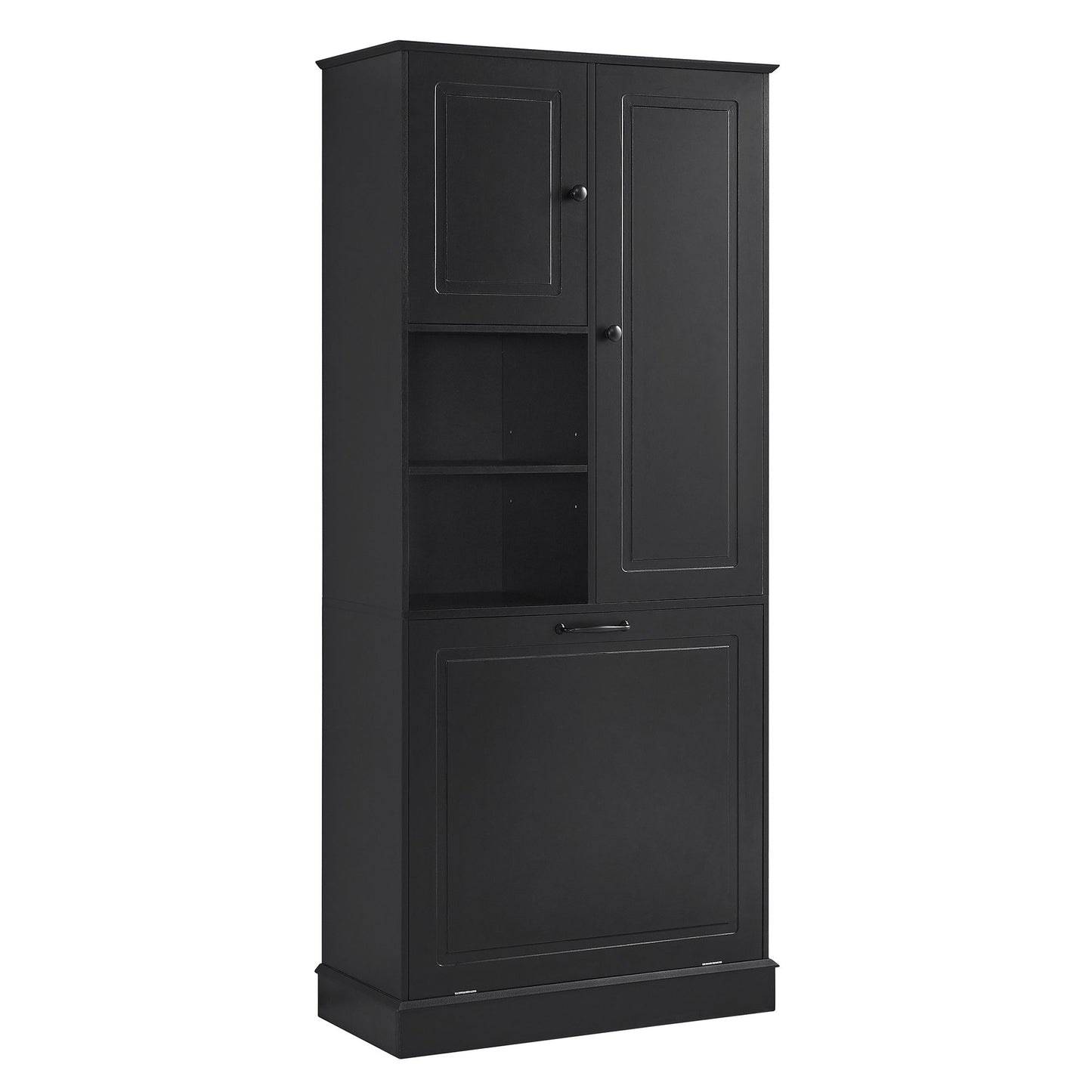 Modern Tall Storage Cabinet With Adjustable Shelves, Flip-Out Basket & Enclosed Doors