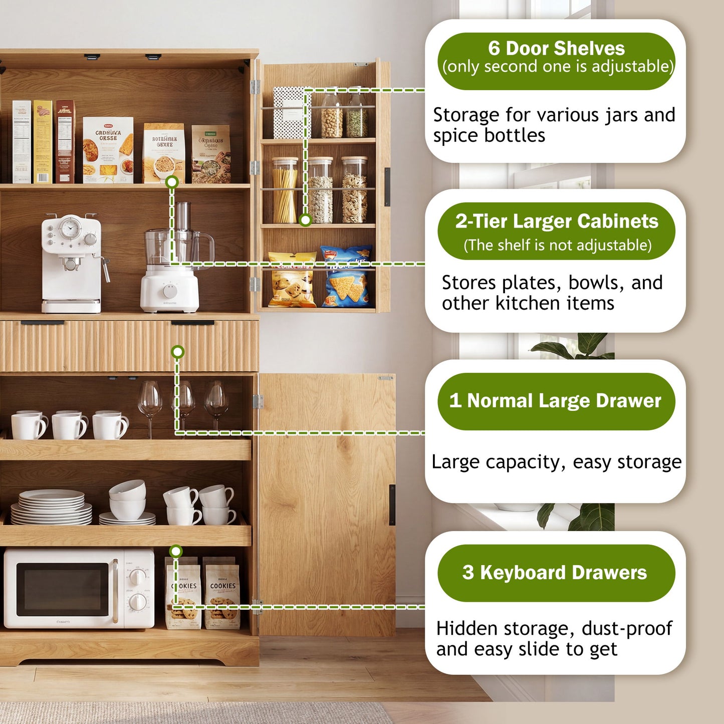 Fluted Kitchen Pantry Cabinet With 3 Keyboard Drawers & 6 Door Shelves Adjustable