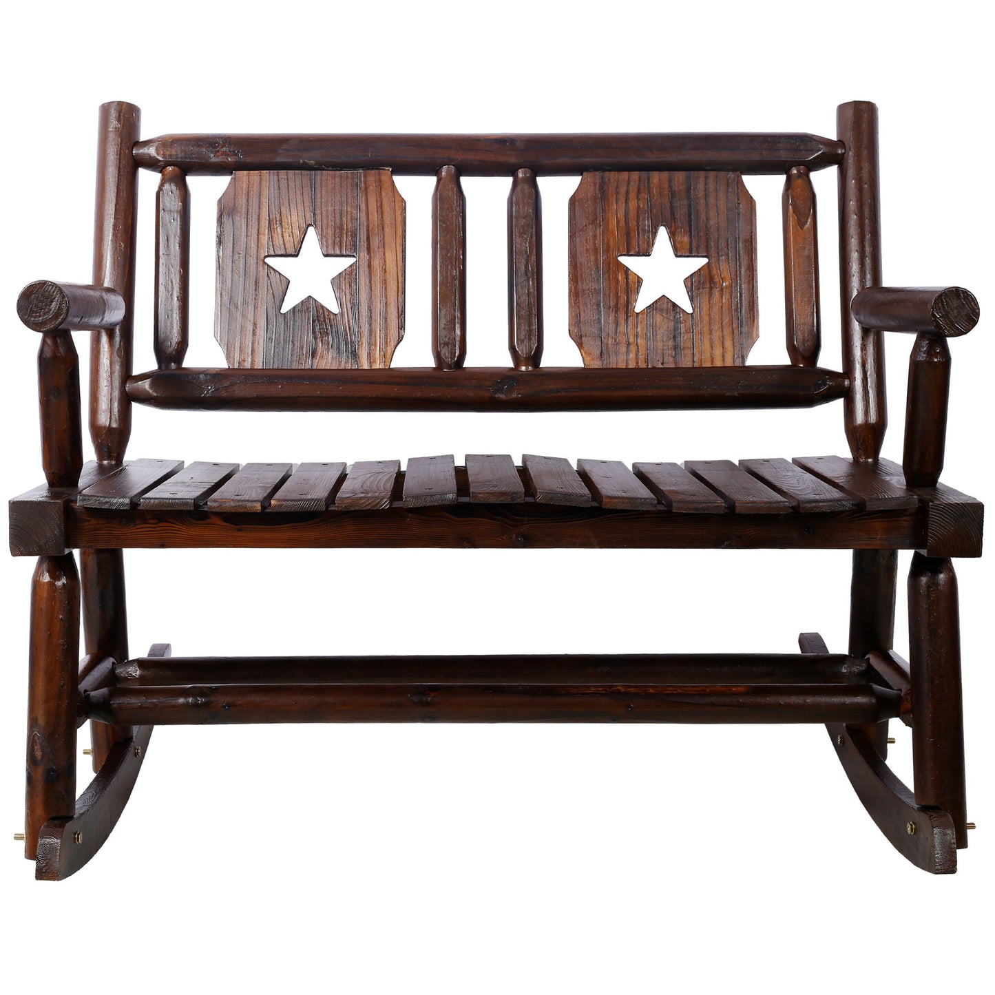 Rustic Outdoor Wood Rocking Bench Double Rocking Chair For 2 Persons With Curved Seat, Porch Rocker - Brown