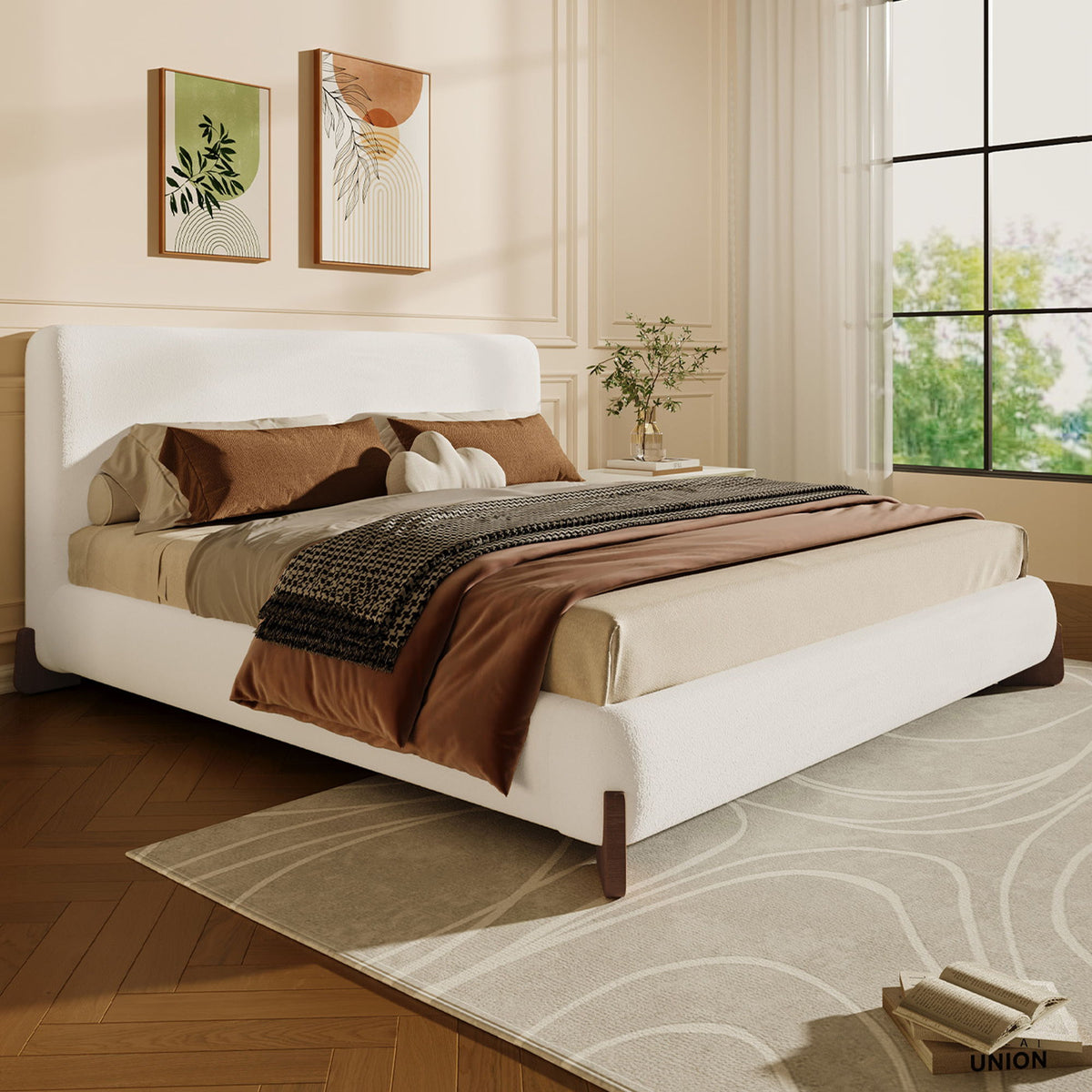 Queen Size Elegant Terry Upholstered Bed - White
