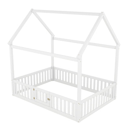 Wood House Bed With Fence And Door