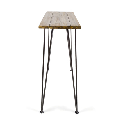 Dione Outdoor Industrial Acacia Wood Bar Set With Metal Frame And Slat Paneling - Brown