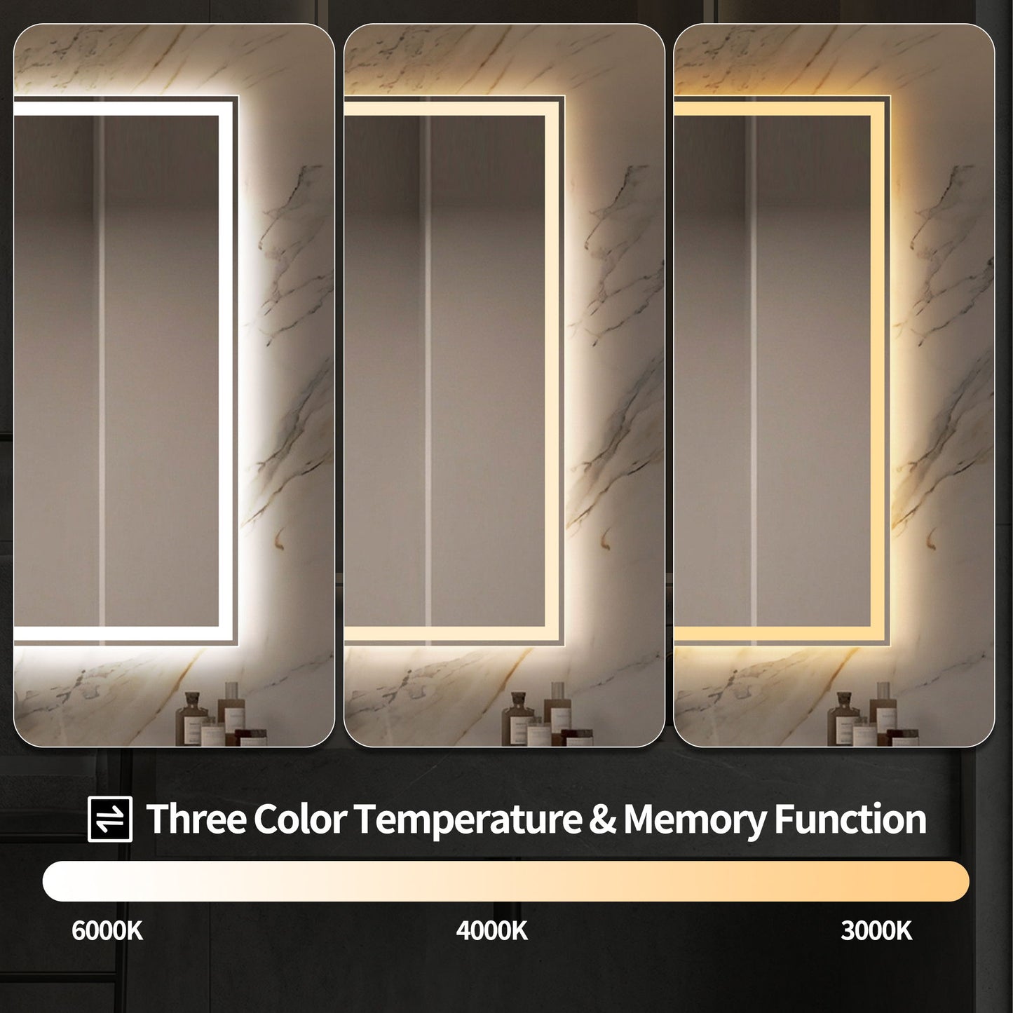 LED Bathroom Vanity Wall Mirror With Straight Edge Design, Frosted Glass Finish, Anti Fog, Dimmable 3 Color Lighting - Silver