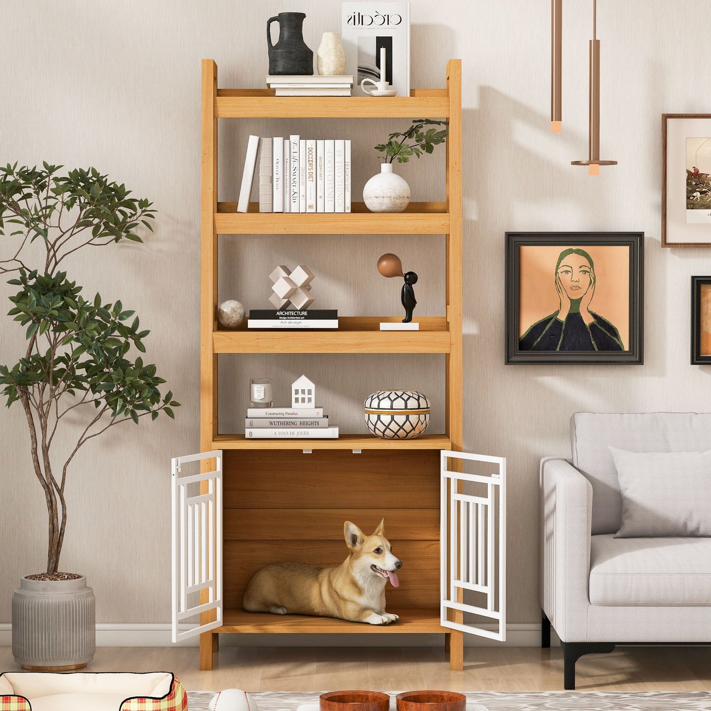 Modern Furniture Style 2 In 1 Pet Friendly Dog Crate Ladder Bookcase - Ancient Oak