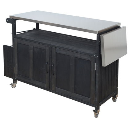 Foldable Outdoor Kitchen Island With Lockable Wheels, Storage Cabinet And Towel Rack For Patio