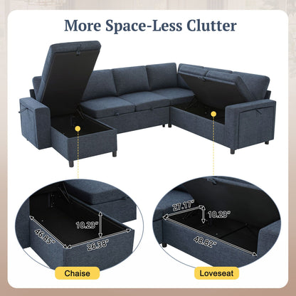 U - Shaped Convertible Sectional Sofa Bed With Storage, USB Charger & Cup Holders