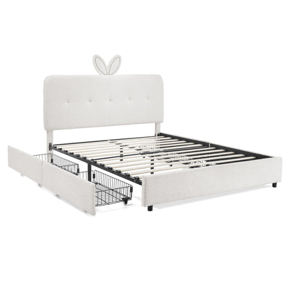 Upholstered Bed With Oversized Rabbit Ear Headboard, LED Lights & 4 Storage Drawers