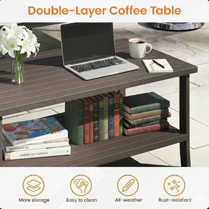 Rectangular Outdoor Coffee Table, 2 Tier All Weather Patio Table - Brown
