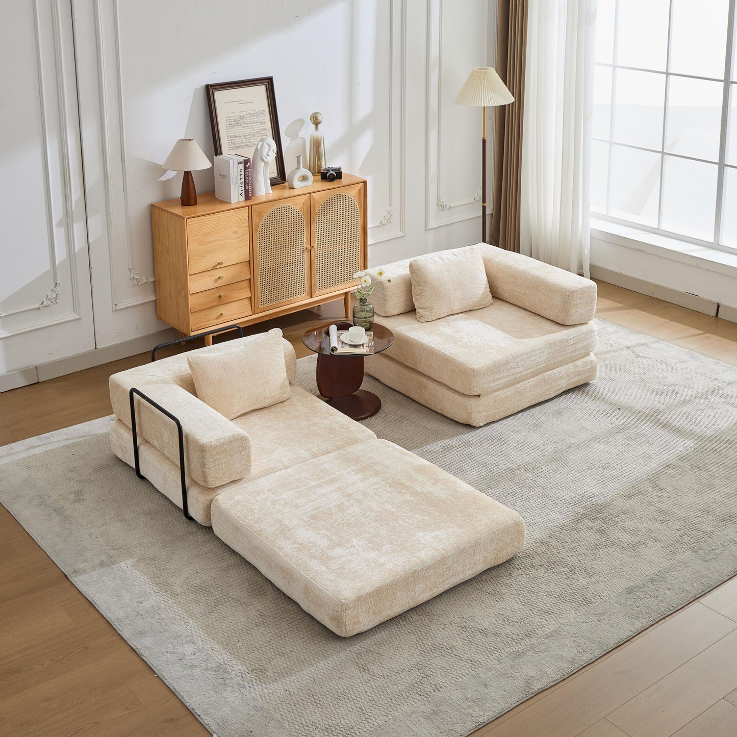 Convertible Floor Sofa Bed With Pillow Back Support Armrest