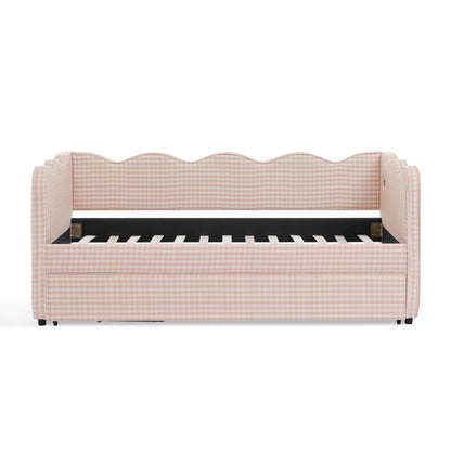 Gingham Daybed With USB Charging Port, Wave Shaped Design