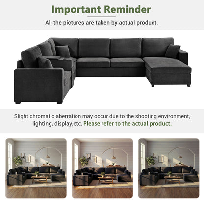 Modular 5 Seat U-Shape Sectional Sofa With Chaise Lounge, Built In Cup Holders And Storage Drawer