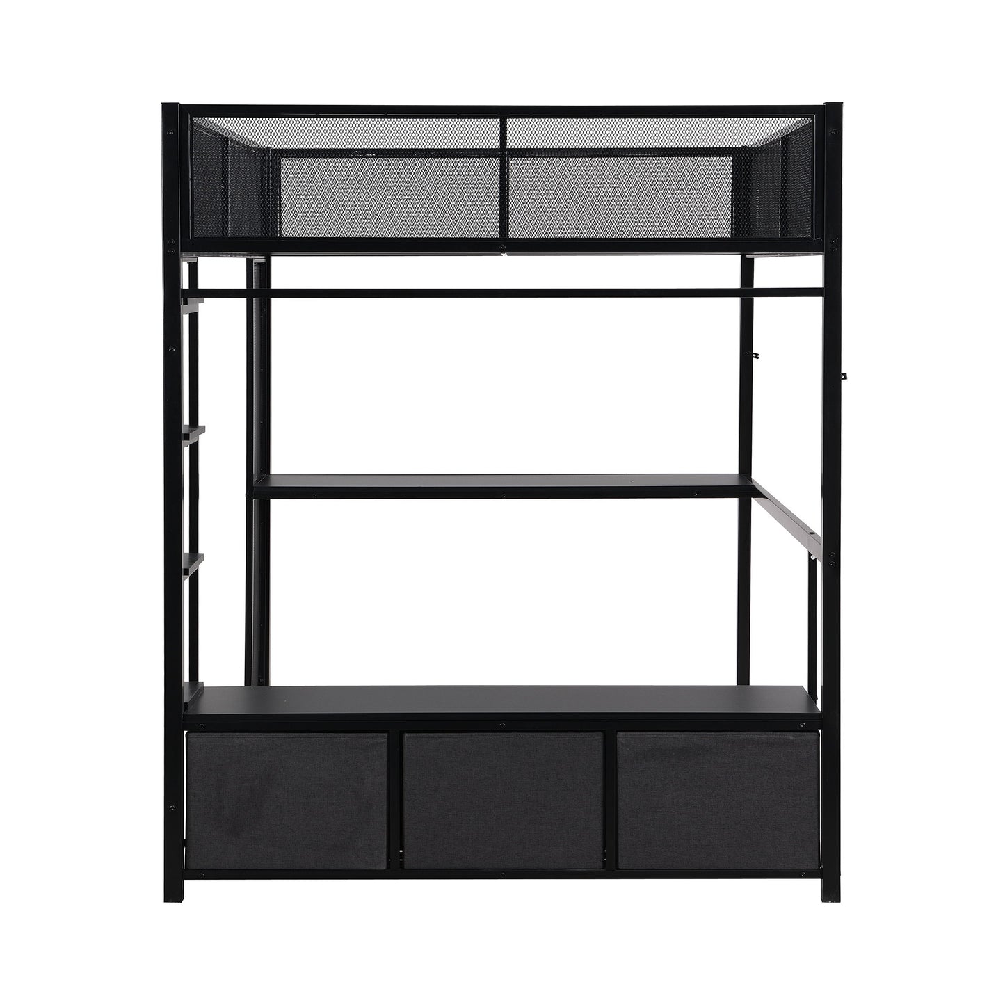 Full Size Gaming Loft Bed With LED Desk, Open Wardrobe, 3 Linen Storage Drawers - Black