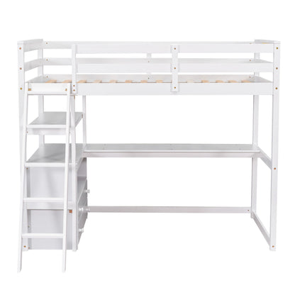 Modern Loft Bed With Built In Desk, Shelves, And 2 Drawers