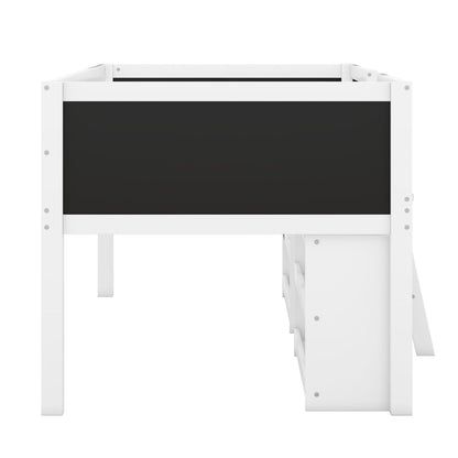 Low Loft Bed With Movable Shelves And Ladder, Decorative Chalkboard Guardrail