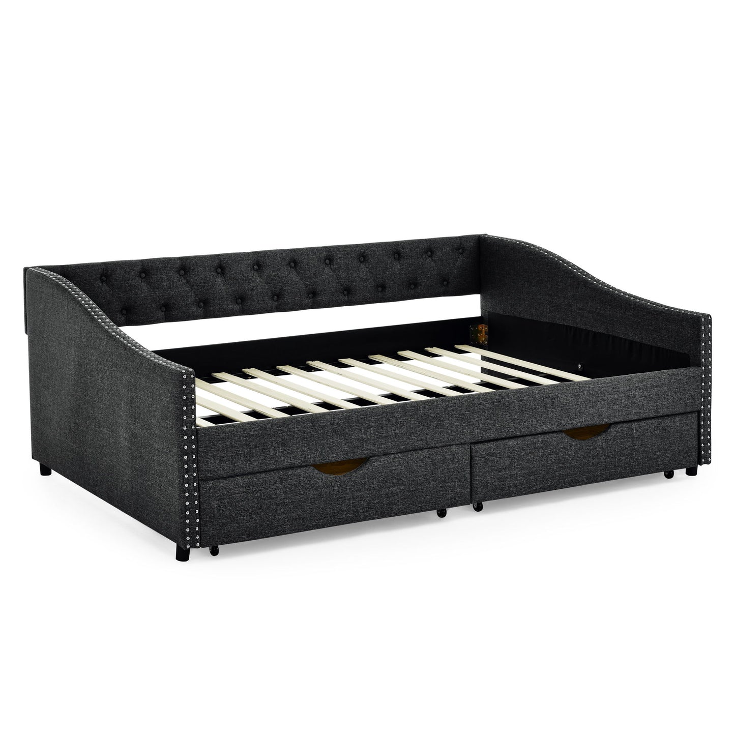 Upholstered Tufted Daybed With 2 Drawers, Waved Arms
