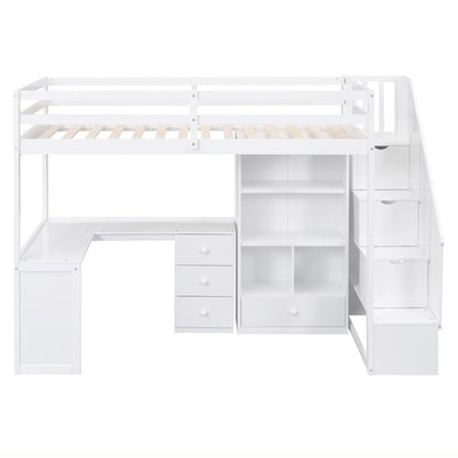 Loft Bed With L Shaped Desk, Drawers, Cabinet, And Storage Staircase