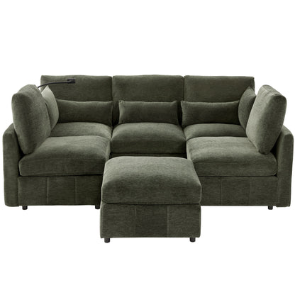 Modern Modular U-Shaped Sofa Bed With Movable Ottoman, USB Ports, Phone Holder