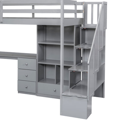Loft Bed With L Shaped Desk, Drawers, Cabinet, And Storage Staircase