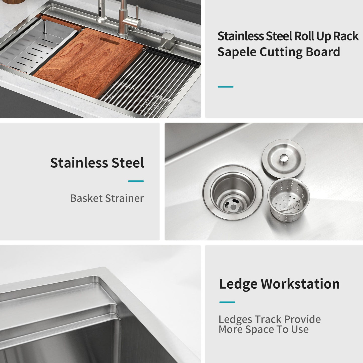 33" Drop In Kitchen Sink With Workstation, 16 Gauge Stainless Steel - Brushed Nickel