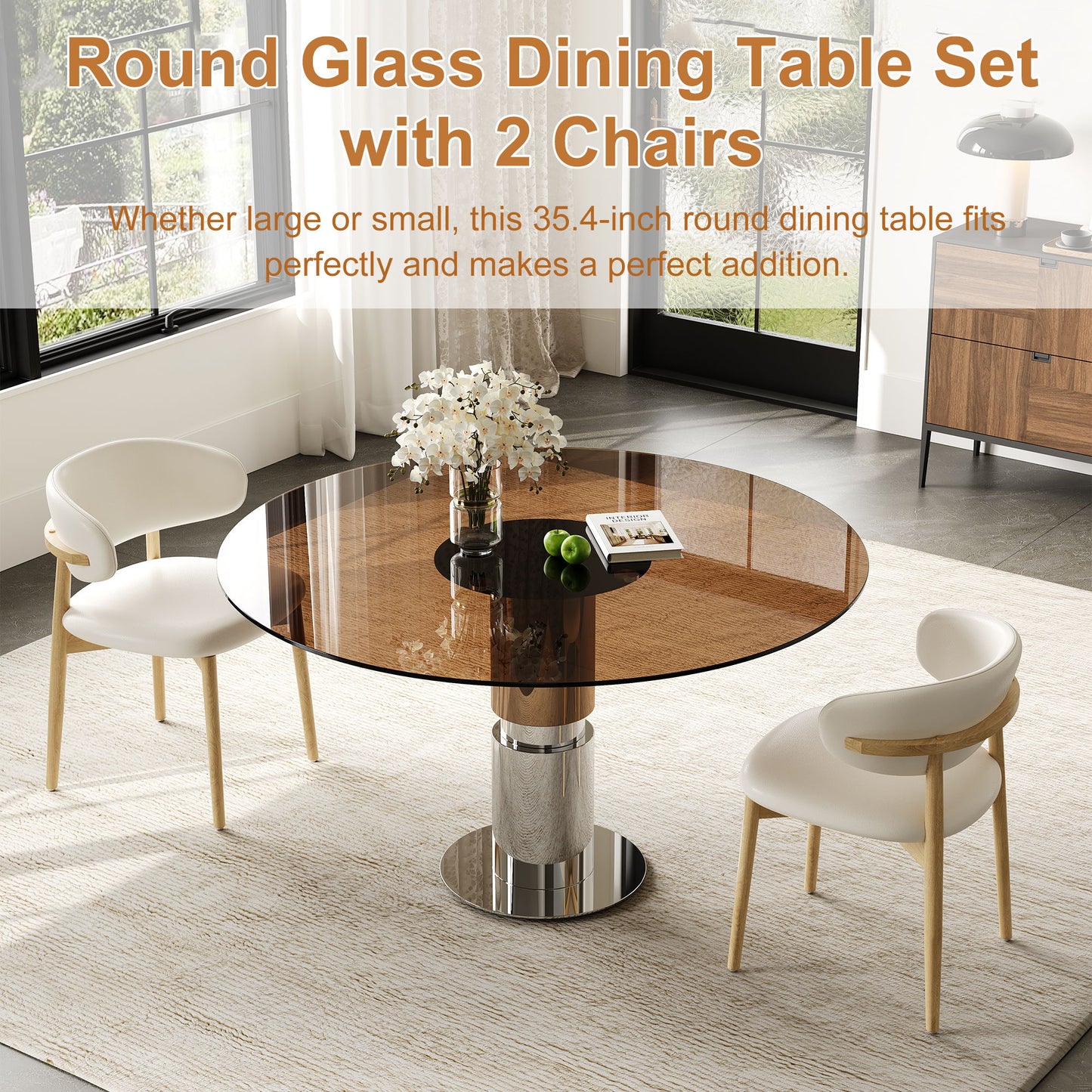Round Dining Table & Tempered Glass Top - Brown