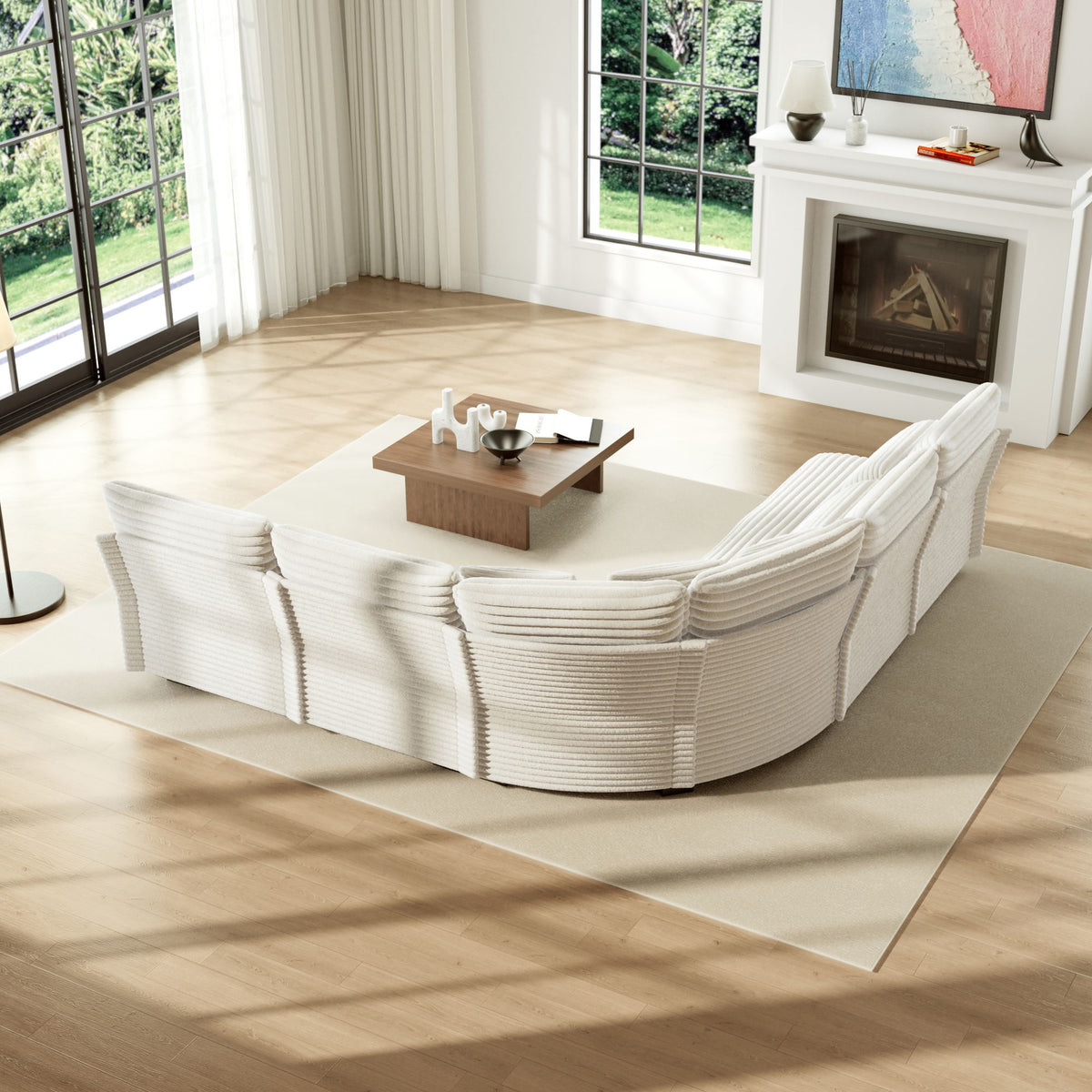 5 Seater L Shaped Sectional Sofa With Curved Corner, 7 Pillows