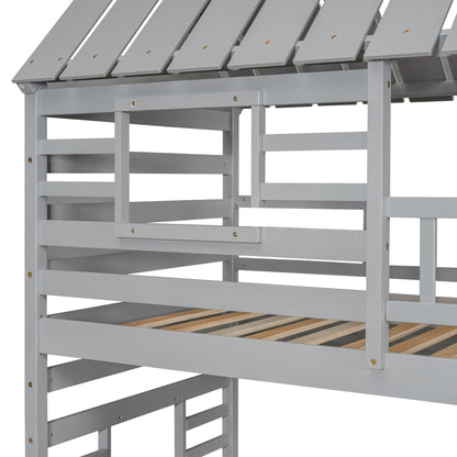 House Bunk Bed With Trundle, Storage Staircase, Roof And Window Design