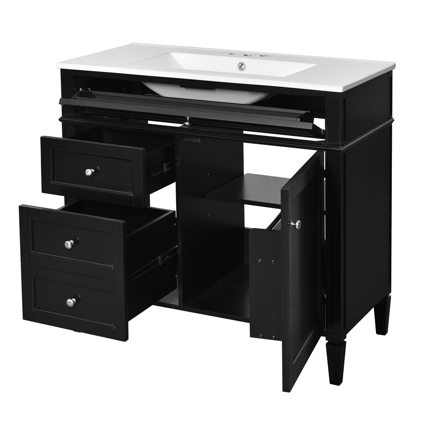 Bathroom Vanity With Mirror Cabinet, Single Sink With 2 Soft Closing Doors And 4 Drawers