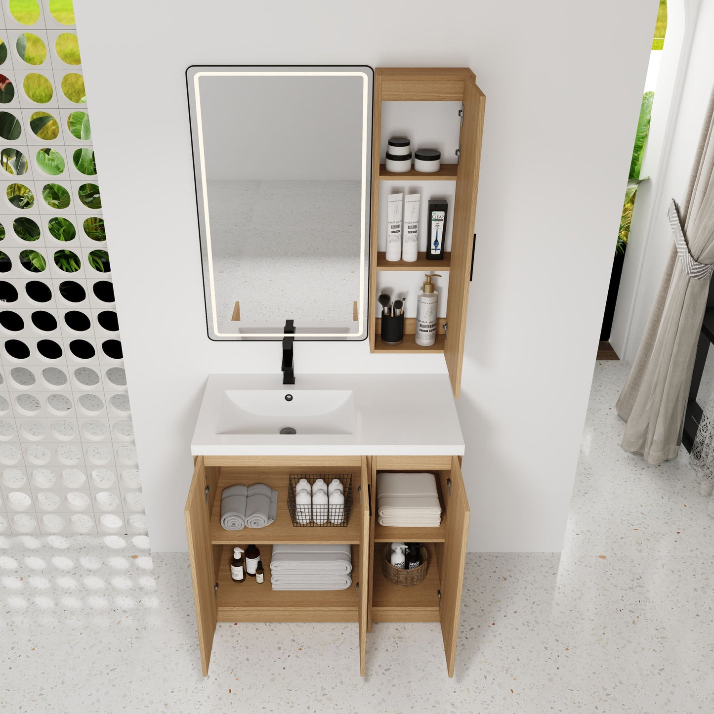 Freestanding Bathroom Vanity Set With Tall Linen Cabinet, 3 Door Storage Cabinet, Single Sink