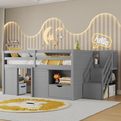 Low Loft Bed Frame With Built In Stairs, Storage Drawer, Shelf And 7 Color LED Light