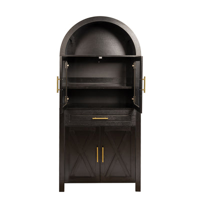 Arched Kitchen Pantry Cabinet With Adjustable Shelves And Barn Door Design