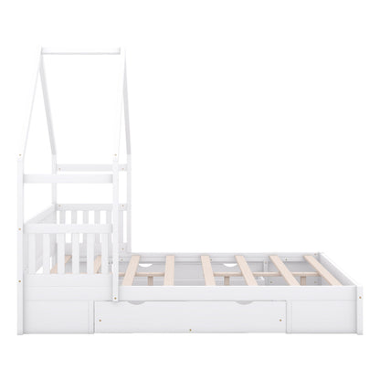 House Style Platform Bed With Guardrail And 2 Drawers