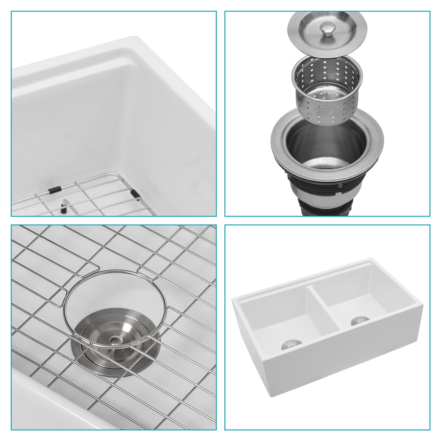 Farmhouse Sink Workstation 33" Ceramic Double Bowl Kitchen Sink With Ledges - White