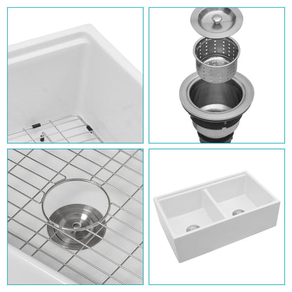 Farmhouse Sink Workstation 33" Ceramic Double Bowl Kitchen Sink With Ledges - White