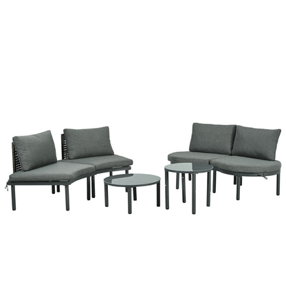 6 Piece Patio Set, Half Moon Outdoor Sectional Sofa With 2 High Low Coffee Tables, 4 Pillows & Cushions