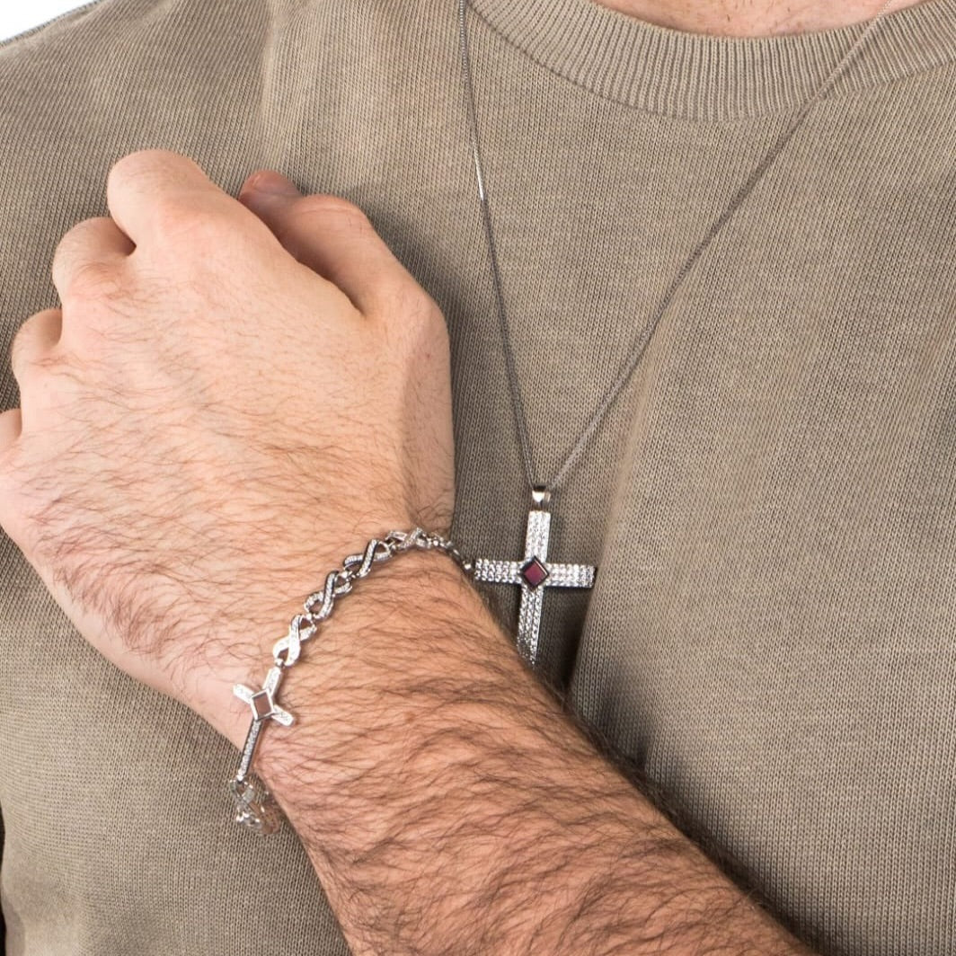 Defender Cross Bracelet - Stainless Steel with White CZ