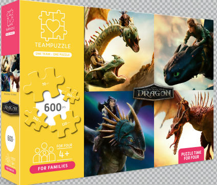 TEAMPUZZLE FOR FAMILIES: How to Train Your Dragon - 600pc Puzzle, 4 Jigsaw Sections, Varying Difficulty Levels, Movie Character Scenes, 27x19, Family & Kids 4+
