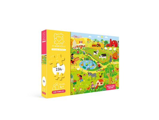 TEAMPUZZLE FOR FAMILIES: On the Farm - 194pc Puzzle, 2 Difficulty Level Sections, 19x13", Lively Animal & Character Scene, Search & Find Activity, Family & Kids 4+