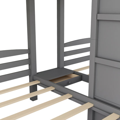 Twin Over Twin & Twin Bunk Bed With Built In Staircase And Storage Drawer - Gray