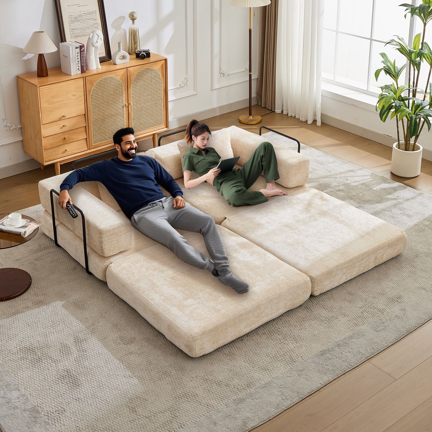 Convertible Floor Sofa Bed With Pillow Back Support Armrest