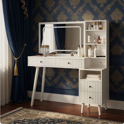 Fluted Vanity Desk With Lighted Mirror & Outlet 4 Drawer, Makeup Table - White
