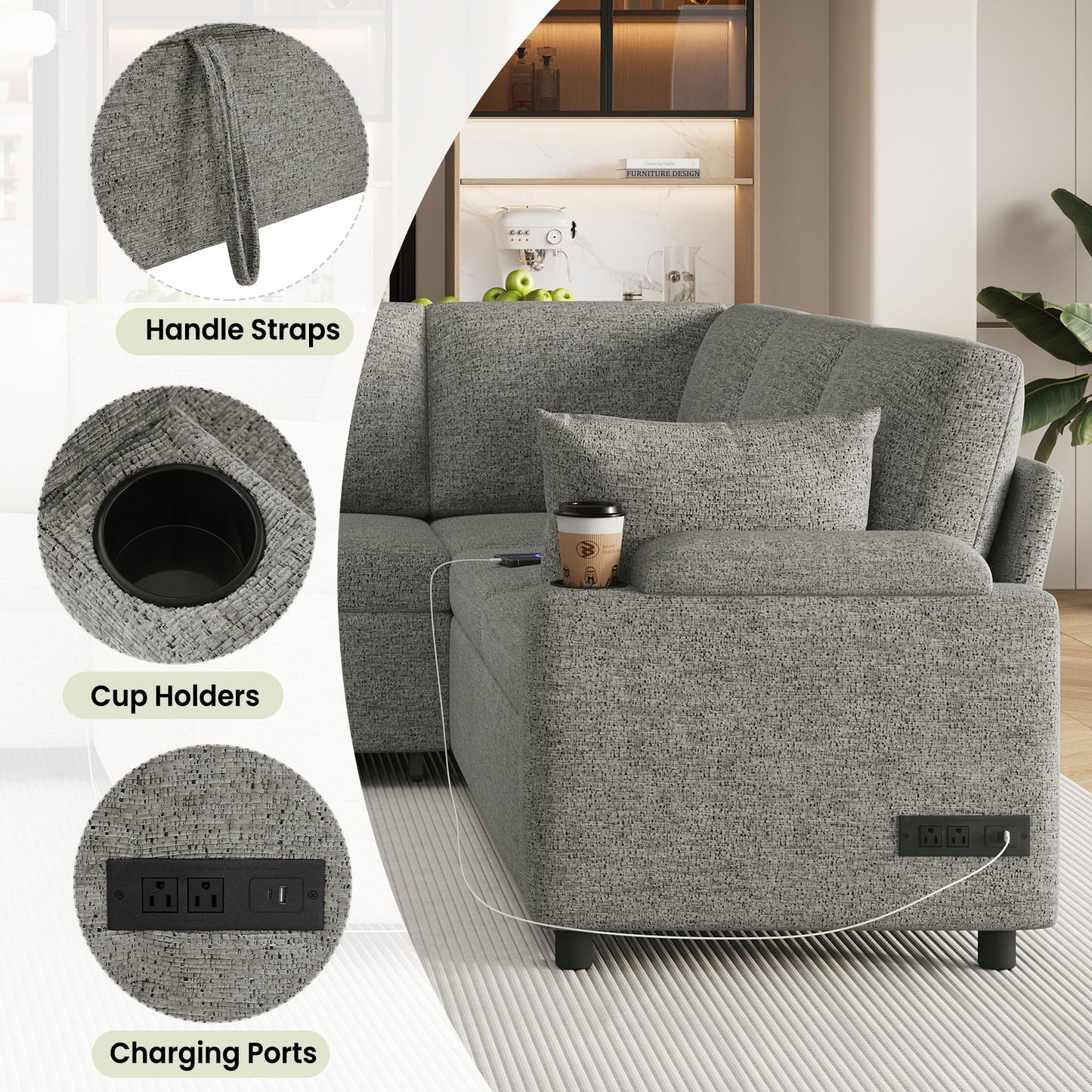 U-Shaped Sectional Sleeper Sofa With Ample Storage Space, 2 Cup Holders And Charging Ports For Living Room