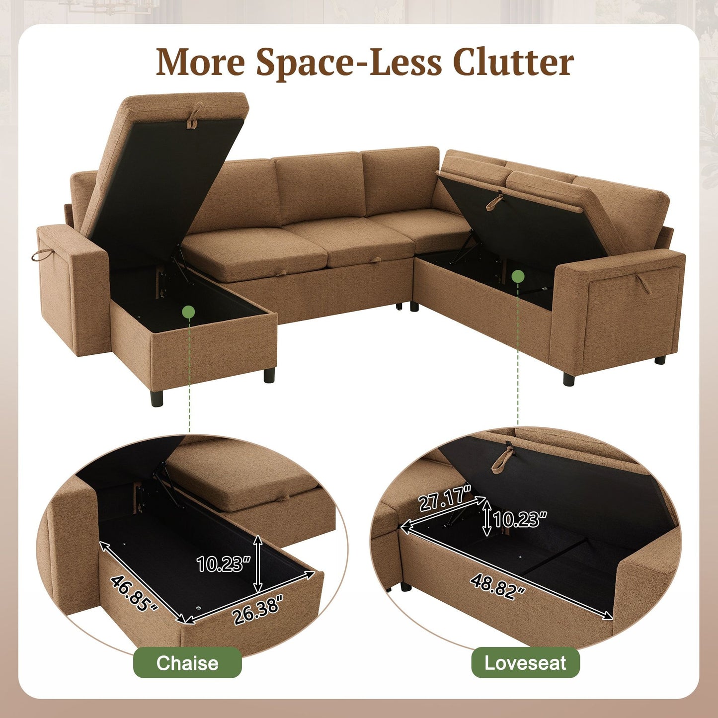 U - Shaped Convertible Sectional Sofa Bed With Storage, USB Charger & Cup Holders